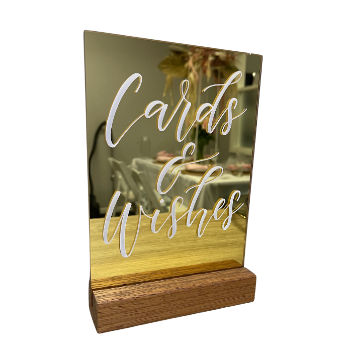 CARDS AND WISHES SIGN- GOLD MIRROR – Wagga Event Hire